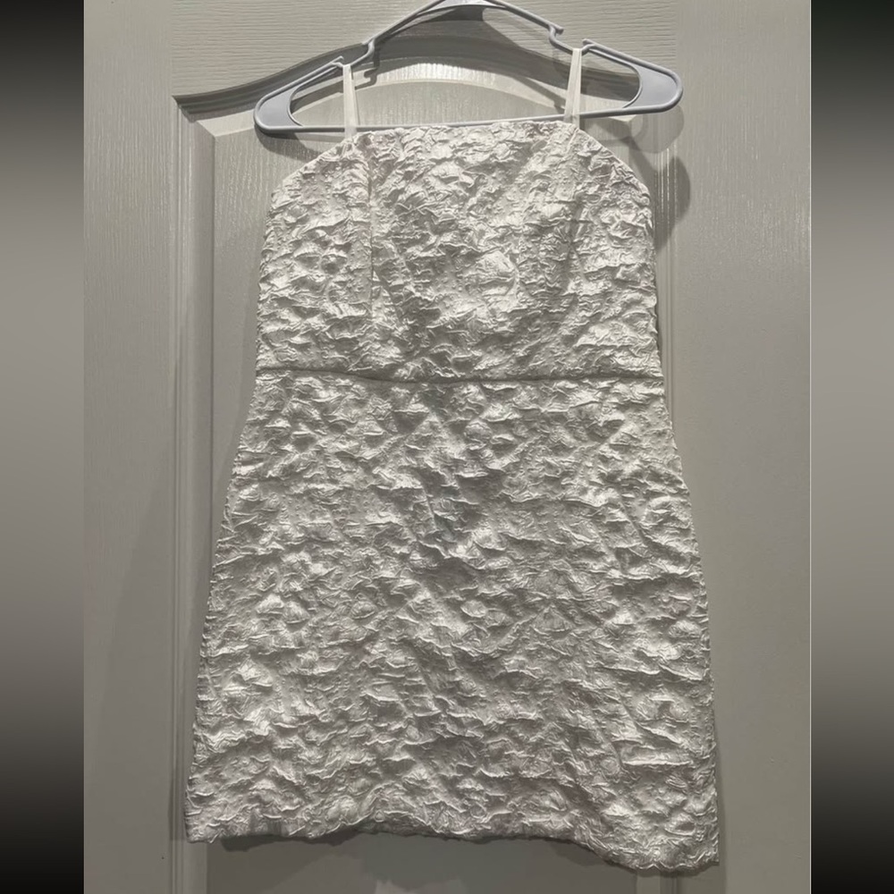 White Textured Mini Dress with Spaghetti Straps
